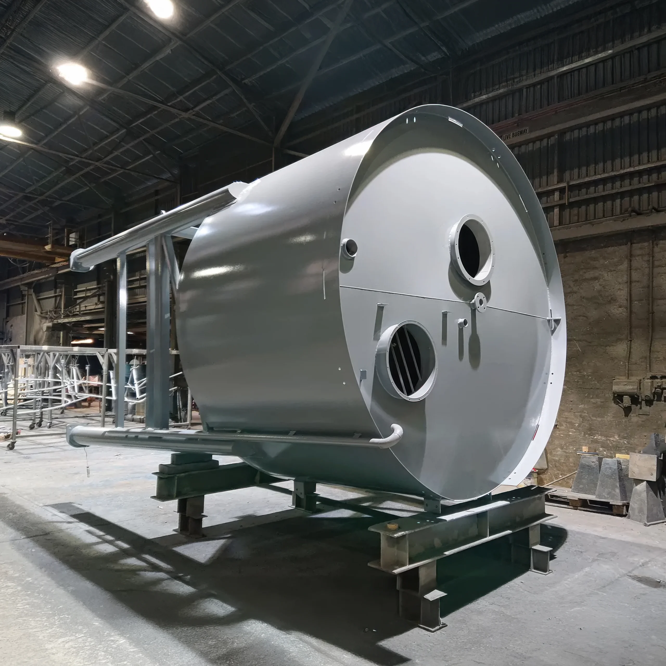 Large steel service tank after abrasive blasting and protective coating at PBC Bayswater